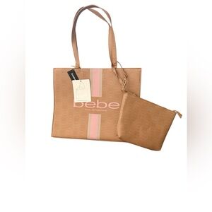 Bebe Beige and Pink Tote Bag Set with wristlet